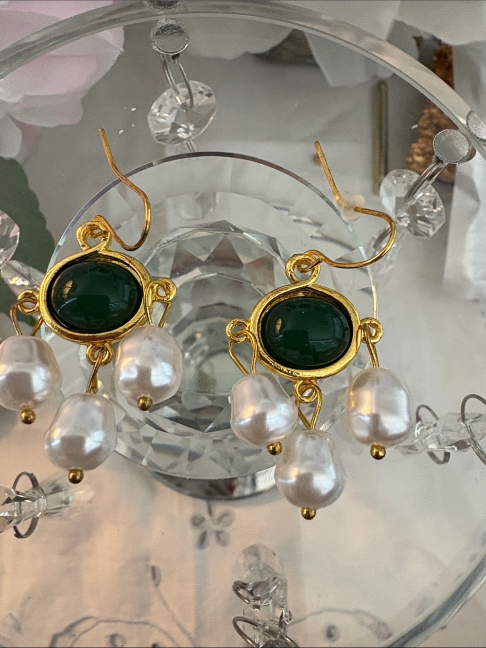 Gold-Tone Green Stone & Pearl Drop Earrings - Unbranded